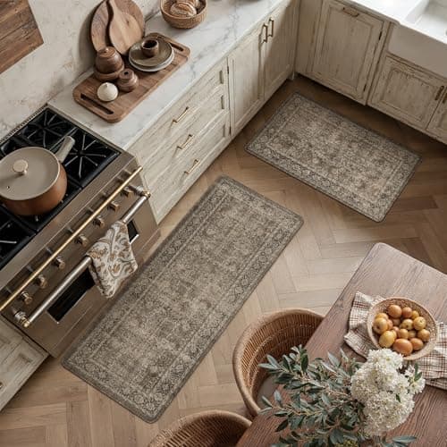PureCozy Kitchen Mats 2PCS Anti Fatigue Cushioned Mat Brown Vintage Kitchen Mats for Floor Waterproof Non Slip Comfort Standing Distressed Rug for Sink Laundry Office 17.3"x47"+17.3"x30" — view 2