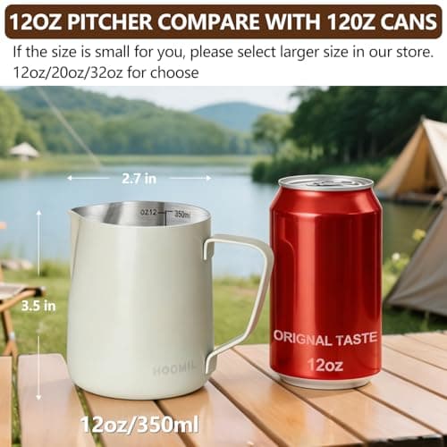 HOOMIL Milk Frothing Pitcher, 12oz/20oz/32oz Stainless Steel Steaming Pitcher Barista Milk Frother Cup Jug for Espresso Machine Coffee Cappuccino Latte Art - 12oz, Matte White — view 2