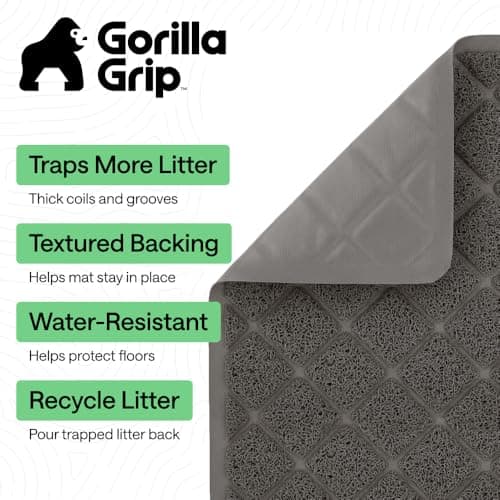 GORILLA GRIP Cat Litter Box Mat, 102x71, Cushioned Coil Mesh Litter Trapping Mats, Scatter Control Supplies for Less Mess, Phthalate Free, Ultra Deep Catch Grooves, Rinse or Vacuum to Clean, Dark Gray