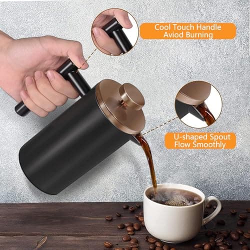Meelio Small French Press Coffee Maker 350ml/12oz, Black Stainless Steel Double-Wall Insulated, Included 2 Extra Filters and 1 Coffee Spoon (1 Cup) — view 2