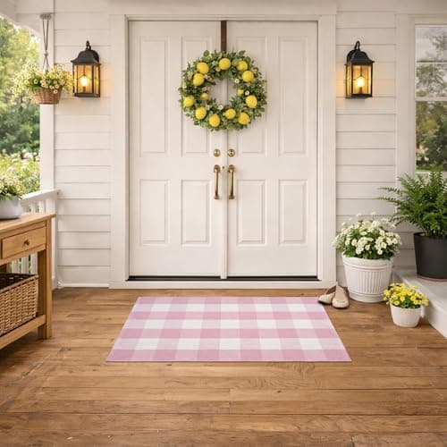 Spring Pink and White Plaid Rug, 2'4" x 3'7" Cotton Blend Layered Doormat Rug for Front Door, Hand-Woven Washable Entryway & Porch Decor — view 2