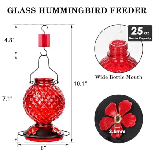 Tegarbed 25 OZ Glass Hummingbird Feeder for Outdoors, Leak Proof Hummingbird Feeder with Ant Moat, 4 Bee Resistant Feeding Ports, Easy Clean Wide Mouth Design, 360° Perch, Hanging Nectar Feeder, Red