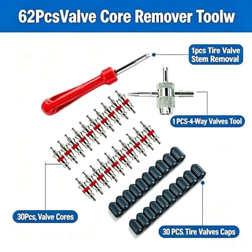 Jeieuia 62Pcs Valve Core Remover Tool,30 PCS Valve Cores,30 PCS Tire Valves Caps,1Pcs Valve stem Removal Tool,1 PCS 4-Way Valves Tool,Suitable for mostcars,Pickup Trucks,Vans,Motorcycles,Campers — view 2