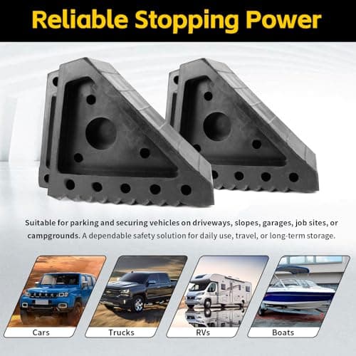 MaxxHaul Solid Rubber Wheel Chock 2-Pack | 8" x 4" x 6" Heavy-Duty Tire Stop | Non-Slip Traction Pads | Built-in Handle | All-Weather Vehicle Safety Block | Black | (70472) — view 4