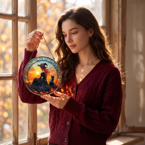 TREBIN Halloween Acrylic Jigsaw Puzzle Suncatcher, Stained Glass Window Hanging DIY Puzzle Sun Catcher 83 Pieces, Gothic Halloween Decoration Thanksgiving Home Decor (Red Sunset Hair Witch & Cat) — view 4