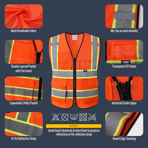 JKSafety Safety Vest for Men Women Hi Vis Vest with Pockets and Zipper Front Class 2 High Visibility Meet ANSI Standard Orange Color Extended Yellow Strips (BX320-Orange L)