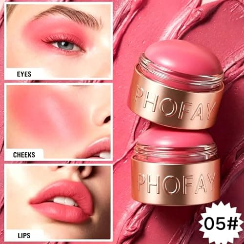 PHOFAY 3-in-1 Flush Balm Cream Blush,Mousse Blushs Cream & Lipstick Gloss-Soft Silky Creamy Texture,Vegan & Lightweight Matte Finish Cosmetics Long-Lasting Moisturizing Blush daily makeup (05#)