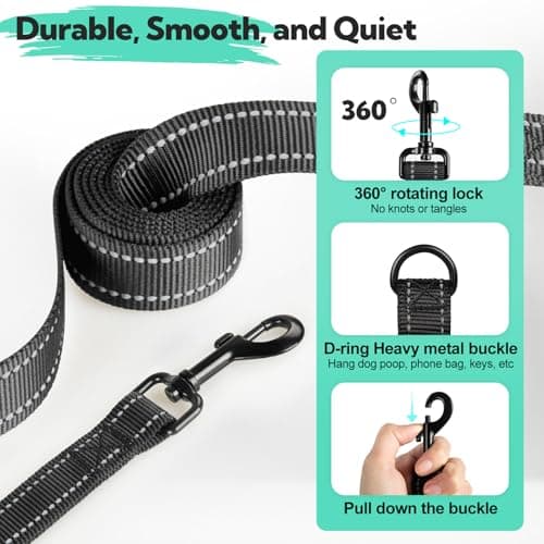 Dual-Handle Dog Leash 6FT, Heavy Duty Nylon with Reflective Threads,Black — view 5