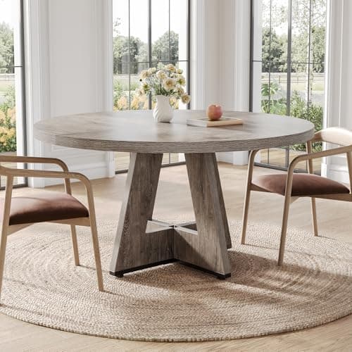 LITTLE TREE Round Dining Table for 4-6 People, 47 Inches Grey Dining Room Table with Wooden Pedestal Base, Farmhouse Dinner Tables, Circle Kitchen Tables for Dining, Kitchen, Living Room