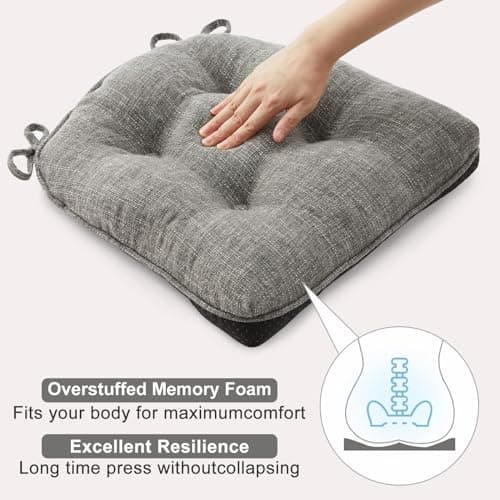 Quilmfoam 16.5"x15.5" Kitchen Chair Cushions Set of 4 for Dining Chair, Soft Tufted Non-Slip Memory Foam Seat Cushion with Ties for Indoor Kitchen Dining Furniture, Dark Grey — view 4