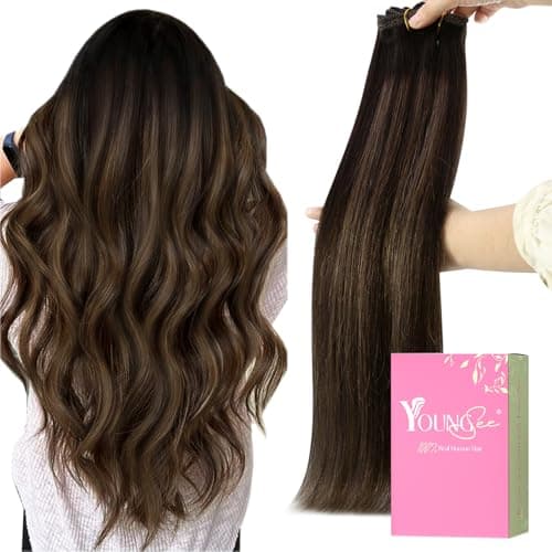 YoungSee Clip in Extensions Human Hair 18In 120G 7Pcs Dark Brown Balayage Medium Brown Clip in Hair Extensions Human Hair Ombre Straight Hair Extension Clip ins