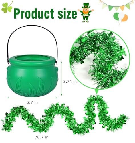 252Pcs St.Patrick's Day Green Pot Set 5.7" St Patrick’s Day Leprechaun Plastic Cauldron Bucket with Shamrock Coins Gems Shamrock Garland & Sequins for St. Patrick's Day Party Decor — view 3