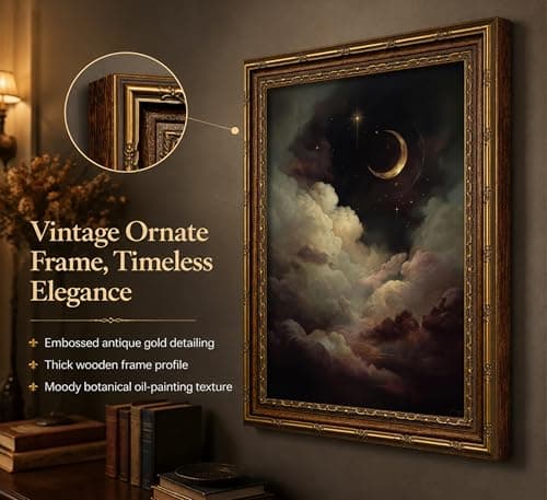 Vintage Gold Framed Celestial Wall Art, Moody Moon and Stars Gothic Painting Canvas Print, Dark Academia Wall Decor,Mystical Celestial Poster Artwork, for Living Room Bedroom Bathroom — view 2