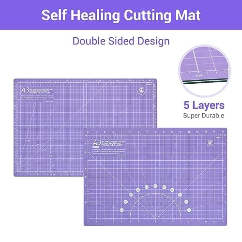 Headley Tools Rotary Cutter Set - 45mm Fabric Cutter, 5 Extra Rotary Blades, A3 Cutting Mat, Quilting Ruler and Sewing Clips, Craft Knife Set, Ideal for Crafting, Sewing, Patchworking, Purple — view 2