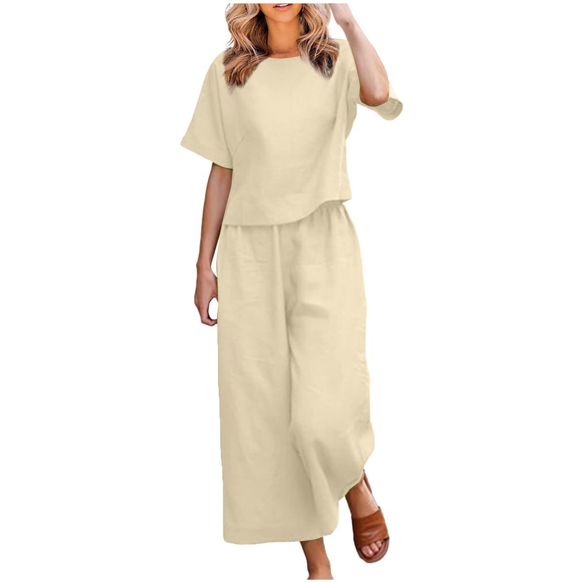 Womens 2 Piece Outfits Summer Linen Sets Short Sleeve V Neck Cropped Top Wide Leg Capris Pants Beach Lounge Sets — view 10