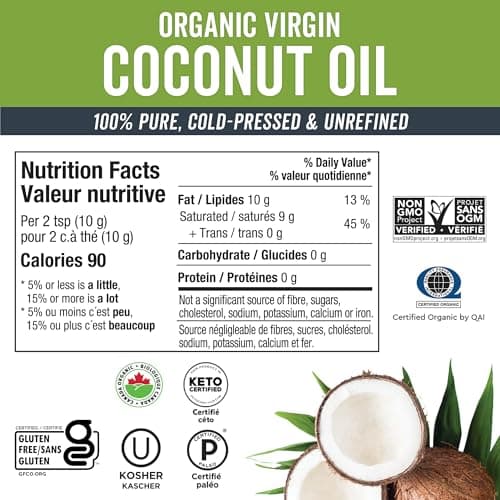 Viva Naturals Organic Virgin Coconut Oil, 32 fl oz (946 mL) – Coconut Oil for Hair, Skin, Cooking & Baking – Cold-Pressed, Unrefined & Non-GMO – Keto & Paleo Certified – BPA-Free Jar