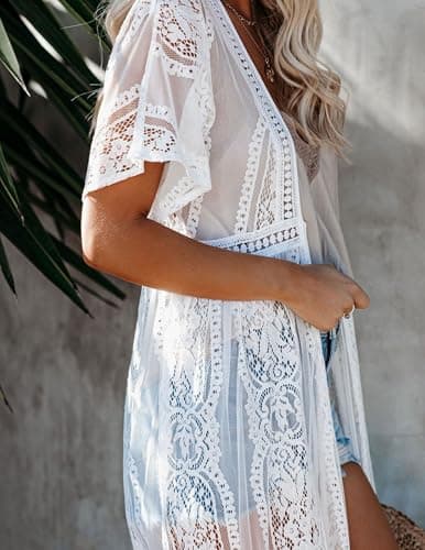 Women's Long Lace Kimono Cover Ups Tops Lightweight Summer Cardigan Dusters Sheer Boho Beach Plus Size Maxi Medium White — view 5