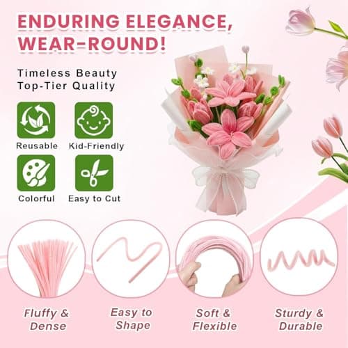 600 PCS Pipe Cleaners Craft, 6 Colors Pipe Cleaner Bulk Flower Kit, Chenille Stems Bulk with Floral Wires, Gardening Tape, Stamen, Wrapping Paper & Ribbon, DIY Art and Craft Supplies - Pink Gradient