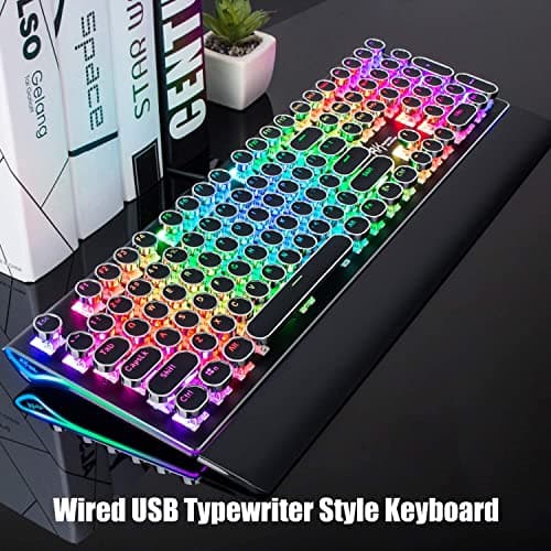 RK ROYAL KLUDGE S108 Typewriter Style Retro Mechanical Gaming Keyboard Wired with True RGB Backlit Collapsible Wrist Rest 108-Key Blue Switch Round Keycap - Black