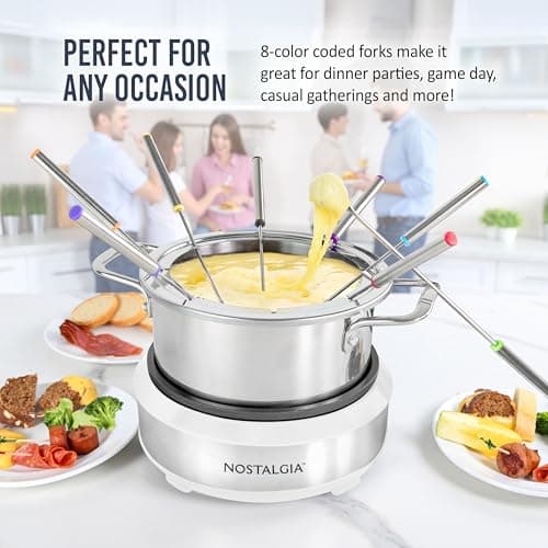Nostalgia 8-Cup Electric Fondue Pot Set for Cheese & Chocolate - 8 Color-Coded Forks, Temperature Control - Kitchen Gadgets and Appliances for Hors d'Oeuvres and More - White — view 5