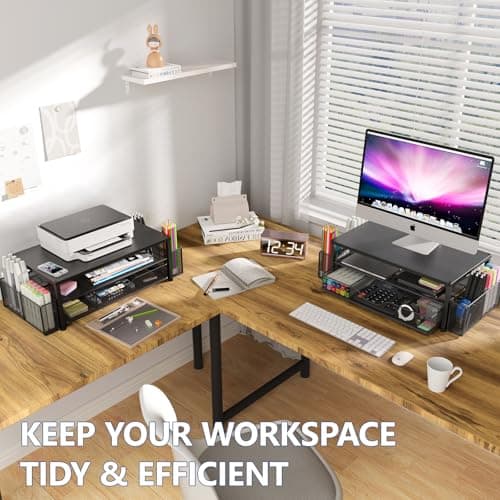 OPNICE Desk Organizer and Accessories, 2-Tier Computer Monitor Stand Riser with Drawer and 2 Pen Holders, Laptop Stand, Office Desk Accessories for Office Supplies, Black — view 7