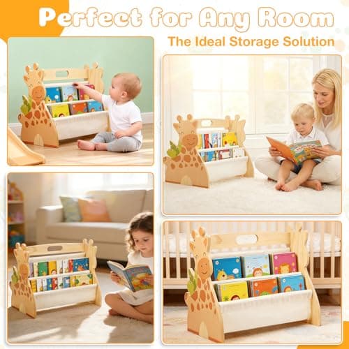 Kids Bookshelf Double Sided 4 Tier Portable Wood Toddler Montessori Book Shelf for Kid Room Nursery Bedroom Playroom — view 2
