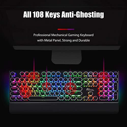 RK ROYAL KLUDGE S108 Typewriter Style Retro Mechanical Gaming Keyboard Wired with True RGB Backlit Collapsible Wrist Rest 108-Key Blue Switch Round Keycap - Black — view 3