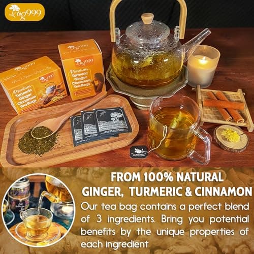 TOG999, Premium 20 Tea Bags Turmeric, Ginger, Cinnamon, 100% Natural, Hand-made Blend of Turmeric, Ginger, and Cinnamon Herbal Tea. Eco-conscious Tea Bags. No Sugar, No Caffeine, No Gluten, Vegan. — view 3