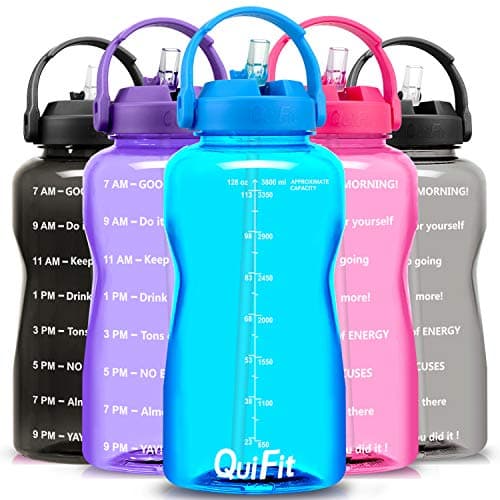 QuiFit Half Gallon Water Bottle - with Straw & Time Marker BPA Free 64 oz Large Motivational Water Jug Leak-Proof Durable for Fitness Outdoor Enthusiasts(Light Blue,64 oz)