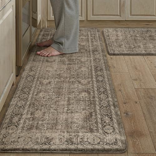 PureCozy Kitchen Mats 2PCS Anti Fatigue Cushioned Mat Brown Vintage Kitchen Mats for Floor Waterproof Non Slip Comfort Standing Distressed Rug for Sink Laundry Office 17.3"x47"+17.3"x30"