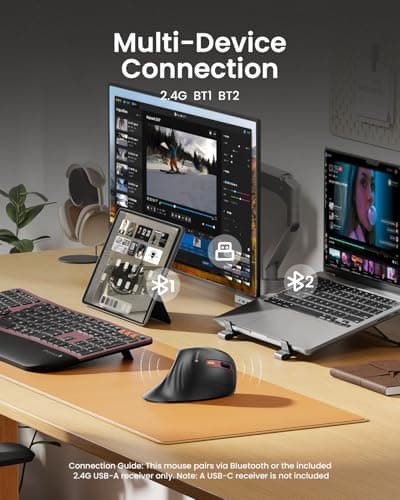 ProtoArc Ergonomic Mouse, EM11 NL Bluetooth Rechargeable Wireless Vertical Mouse, 3 Multi-Device Connectivity for Computer/PC/Laptop, 2.4GHz USB-A Optical Mice for Windows, Mac OS, Wine Red — view 2