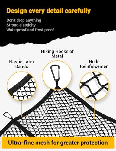 AUTOWN Cargo Net for Pickup Truck Bed - Stretchable 4'x4' to 7'x7', High Elastic Fine Mesh 1''x1'' with 8 Metal Carabiners - Ideal for ATV, SUV, UTV, Truck and Boat Use (Single Layer) — view 3