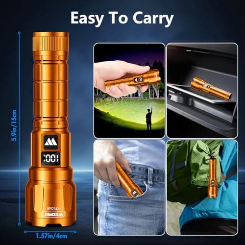 Wdtpro LED Rechargeable Flashlight 2 Pack, 3 Modes Super Bright High Lumens Flashlights, Zoomable Tactical Flash Light with LCD Display, IP65 Waterproof Flashlights for Home Emergency Camping - Orange — view 5
