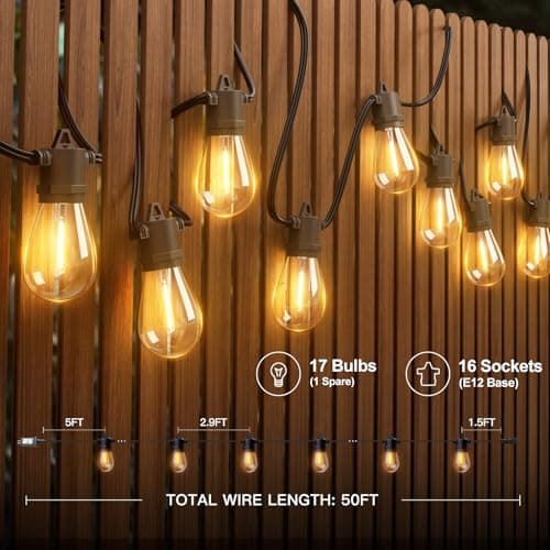 addlon 50FT LED Outdoor String Lights Waterproof Patio Lights with 16+1 Edison Shatterproof Bulbs, Commercial Grade Weatherproof Strand, ETL Listed Decorative for Garden or Patio — view 5