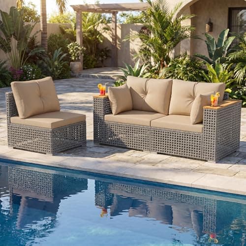 Tangkula 86.5" Large 3-Seat Patio Wicker Sofa, 3 Pieces PE Rattan Sectional Furniture Set with Cup Holder & Wood Armrest, Outdoor Couch with Armless & 2 Corner Sofas for Garden, Yard, Porch (Brown) — view 4