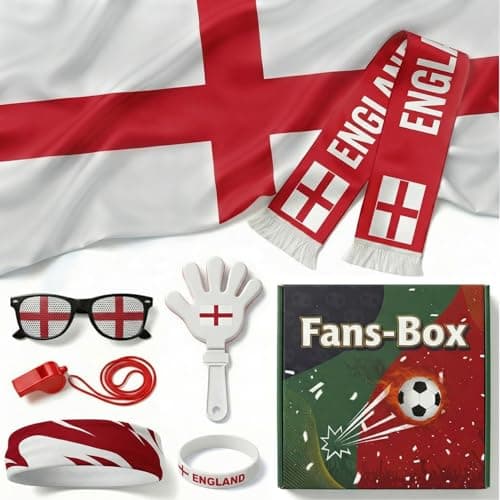 Louxiar 7 Pcs Cheering Kit for Football Matches, 2026 England Soccer Fan Game Day Accessory Set, Includes Flag, Glasses, Whistle, Clapper, Wristband, Scarf & Headband