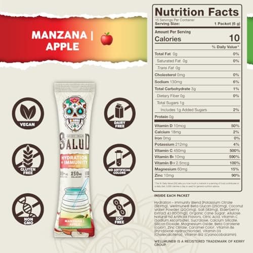 Salud 2-in-1 Hydration Packets + Immunity Electrolytes Powder, Apple - Agua Fresca Drink Mix, Elderberry, Dairy & Soy Free, Non-GMO, Gluten Free, Vegan, Low Calorie, 1g Sugar (15 Servings) — view 2