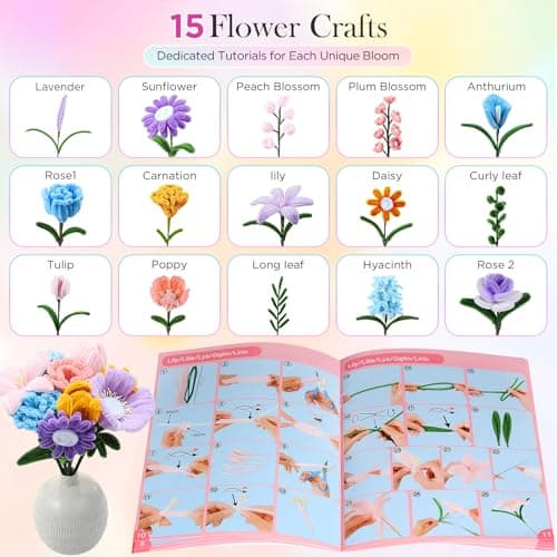 Pipe Cleaner Flower Kit, 540Pcs Pipe Cleaners Craft with 15 Designs Guiding Book, Flower Making Kit with Chenille Stems & Floral Wires, DIY Bouquets and Party Decorations (Multicolor, 12in x 7mm) — view 3