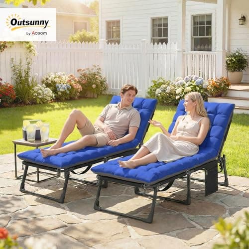 Outsunny Lounge Chair Outdoor Set of 2, 29.5" Wide Folding Chaise Lounge Tanning Chair, 5-Position Beach Patio Lounger Camping Cot Bed with Cushion, Side Pocket, Dark Grey/Blue
