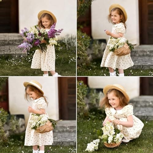 Miipat Toddler Girls Smocked Floral Dress Puff Sleeve Cotton Vintage Kids Peter Pan Collar Summer Dress(BeigeFloralPrint,3-4T) — view 3