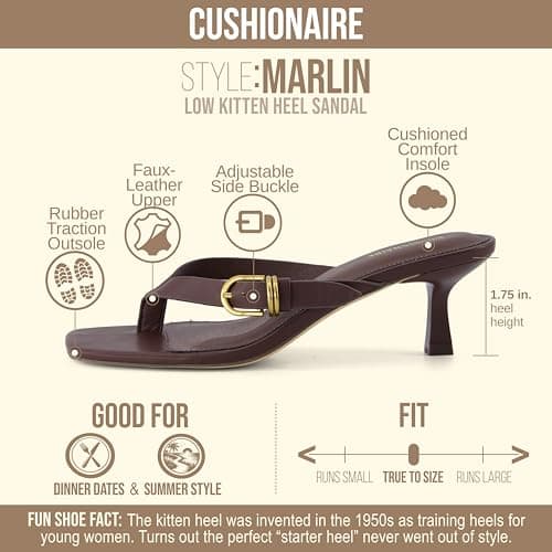 CUSHIONAIRE Marlin Low Kitten Heels for Women, Thong Style Dressy Heeled Womens Sandals with Adjustable Buckle Closure, CHOCOLATE 8 — view 3