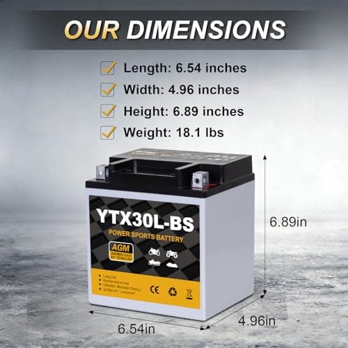 Daakmax YTX30L-BS Motorcycle Battery 12V 30Ah 400CCA, Maintenance Free Sealed AGM Powersport Battery, Replacement for ATV UTV Harley, YTX30L-BS / ETX30LA / YIX30L