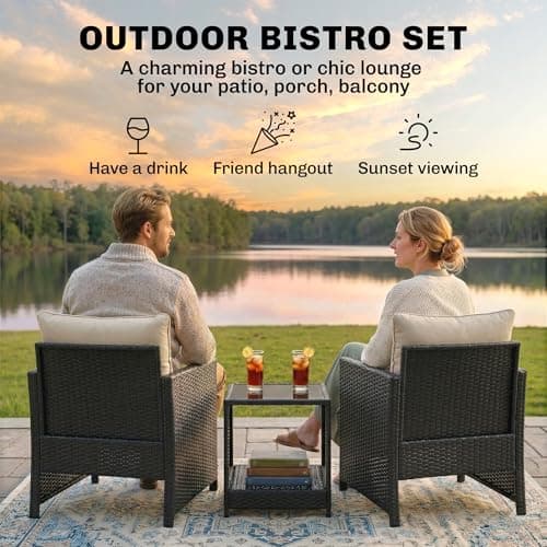 Outsunny 3 Piece Wicker Patio Furniture Set, PE Rattan Outdoor Bistro Set with Armchairs, 2-Tier Glass-Top Table, Cushions, Outdoor Conversation Furniture for Porch Balcony, Beige — view 2