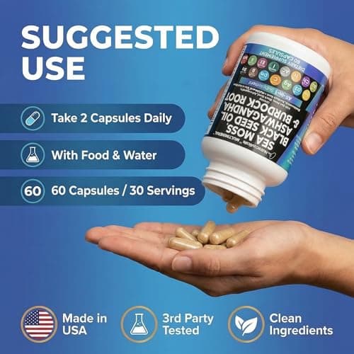 Clean Nutraceuticals Sea Moss Black Seed Oil Ashwagandha Turmeric Bladderwrack Burdock & Vitamin C Vitamin D3 with Elderberry Manuka Dandelion Yellow Dock Iodine Chlorophyll ACV — view 5