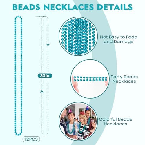 SHAOQINLIN 12 PCS Teal Bead Necklace, Teal Mardi Gras Beads Turquoise Party Beads Necklace Bulk Round Beaded Necklaces for Mardi Gras, Christmas, School Spirit Day Party Favors