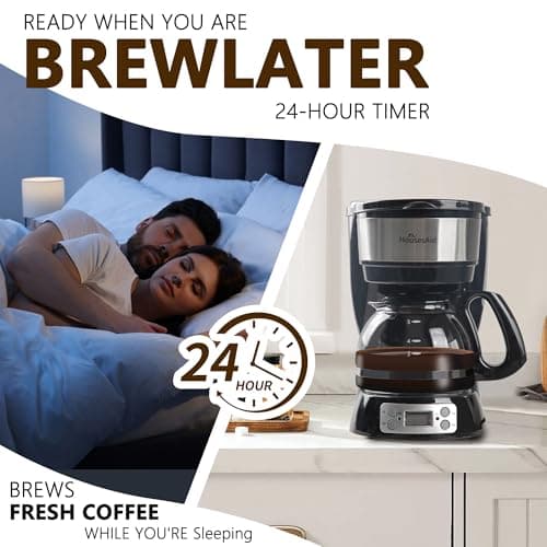 HousesAid 5-Cup Programmable Drip Coffee Maker with Digital Timer, Glass Carafe,24-Hour Auto Brew,2-Hour Auto Shut-Off, Pause & Pour, Removable Filter Basket,Compact Coffee Machine for Home & Office — view 4