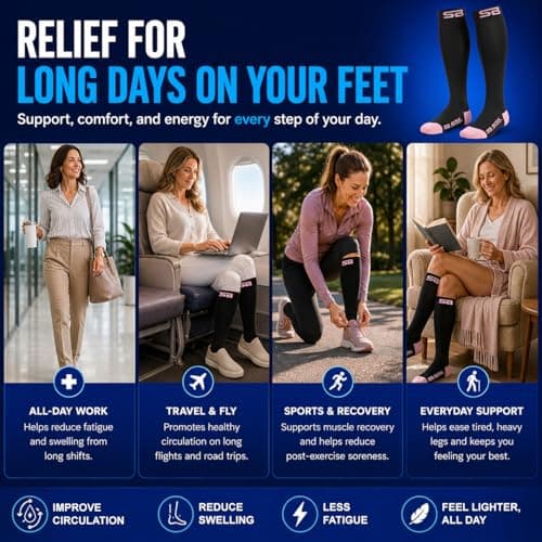 SB SOX Compression Socks for Men & Women (20-30mmHg) – Best Compression Socks for Flying, Medical, Sports, Wide Calf Fit, and Daily Wear, Two Stripes (Black/Pink), Small — view 4