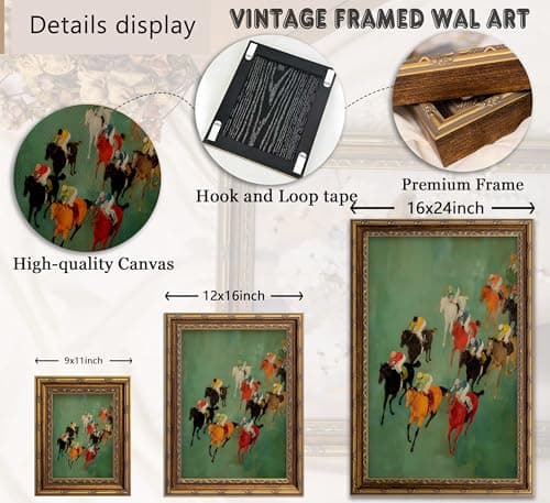 Vintage Gold Framed Horse Racing Wall Art, Retro Equestrian Oil Painting Canvas Prints, Colorful Race Horses and Jockeys Wall Decor, Modern Equestrian Print Artwork for Living Room Bedroom Office Home Decor, 9x11in — view 4