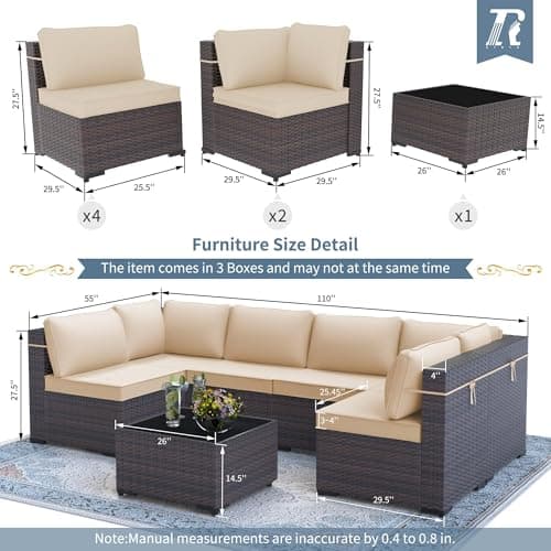 RTDTD 7 Pieces Outdoor Patio Furniture Set,Outdoor Sectional Furniture All Weather PE Rattan Wicker Patio Conversation Set with Coffee Table and 6 Thickened Cushions,Brown — view 4