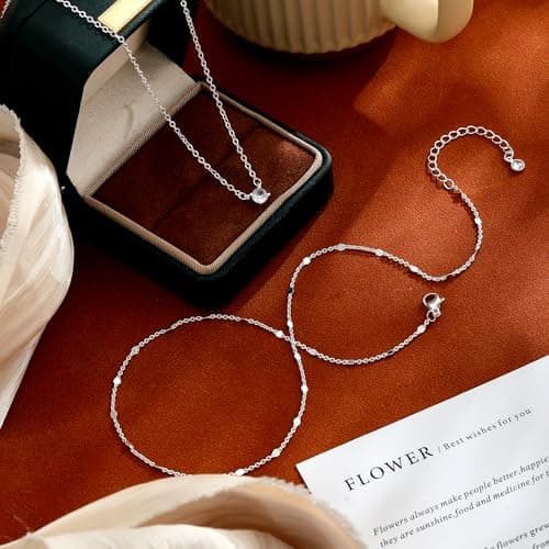 Coshilta Layered Silver Necklace for Women Trendy，Dainty 14K Silver Plated CZ Pendant Layered Gold Necklaces Set Choker Necklaces Simple Cubic Zirconia Necklace Stack Chain Jewelry Gift — view 4